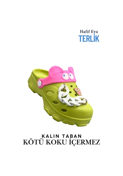 Sermoda Gözlük Desen Zincirli Eva Kız Çocuk Plaj Havuz Terlik Sabo Terlik Fıstık Yeşili