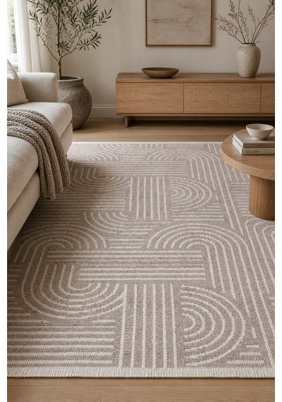 Zelve Geometrik Vizon/beyaz Kaymaz Taban Yıkanabilir Salon Halısı