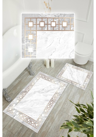 Dijital Baskı Klasik Kaymaz Taban 2li Set Banyo Paspası Klozet Takımı 50x60cm-60x100cm Gri