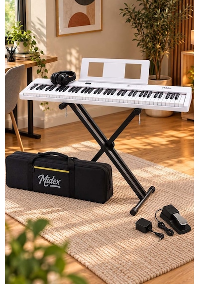 Midex PLX-100WH-ST Taşınabilir Dijital Piyano Tuş Hassasiyetli 88 Tuş Bluetooth Şarjlı (STAND Sustain Kulaklık Çanta Metod)