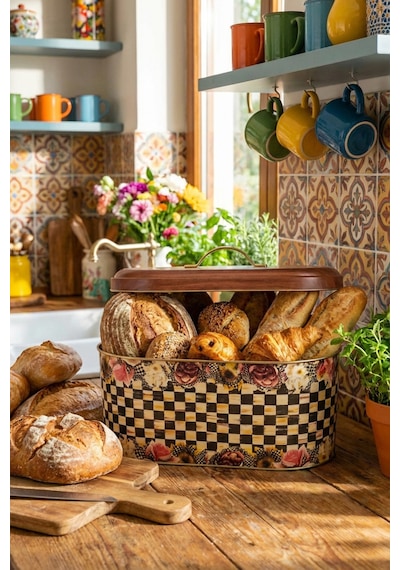 Makri Home Ekmeklik, Metal Ekmeklik, Ekmek Sepeti, Çiçek Desenli Ekmeklik, Yerli Üretim 34 Cm X 19 Cm X 16 Cm Krem