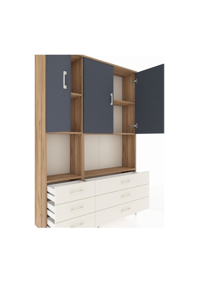 Arges Dolap 6 Raflı 6 Çekmeceli 3 Kapaklı 132x30x195 Çam-antr... Çam