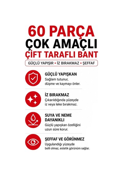 Çift Taraflı Bant 60 Parça Güçlü Yapışkanlı Kolay Açılır Montaj Bandı 18x50 Mm