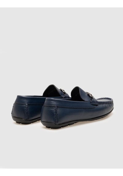 Hakiki Deri Lacivert Metal Aksesuarlı Erkek Loafer Ayakkabı - 42