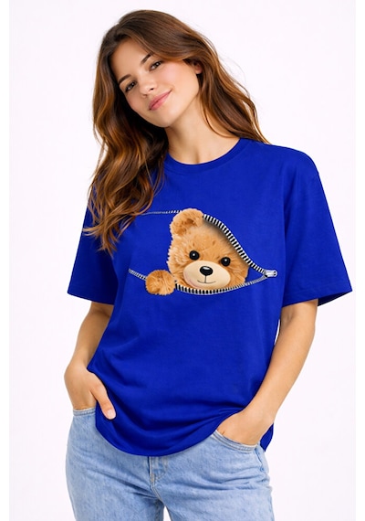 Fermuarlı Ayıcık Baskılı Kadın Tişört Oversize Sevimli Teddy Bear Lacivert