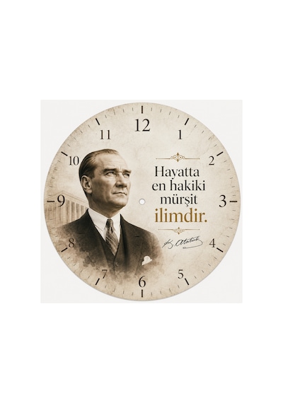 Atatürk Temalı Baskılı Dekoratif Baskılı Ahşap Duvar Saati Sessiz Akar Mekanizmalı 812 Çoklu Renkli