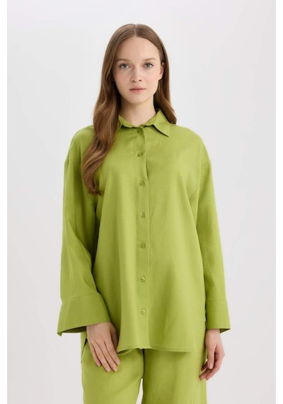 Defacto Relax Fit Keten Karışımlı Uzun Kollu Gömlek Tunik D8183ax25spgn698 Yeşil