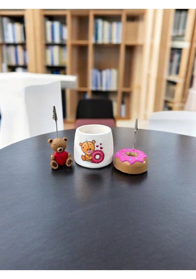 3lü Çok Renkli Donut Ve Ayıcık Tutacaklı Kalemlik Fotoğraf Not Tutucu Ofis Masası Tutacak Hediyelik 3lü Set