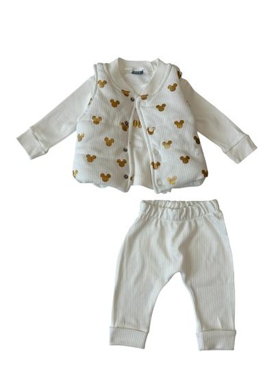Bellamio Kids Gold Mickey Desenli 3'lü Şişme Yelekli Bebek Takımı Beyaz