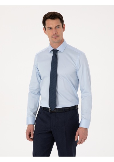 Cacharel Açık Mavi Slim Fit %100 Pamuk Yarım İtalyan Yaka Klasik Gömlek Denım