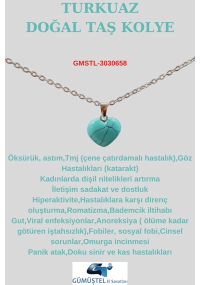 Sertifikalı Doğal Taş Turkuaz Kalp Model Minimal Kolye Çok REnkli