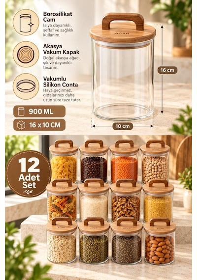 Atbyhome 12'li Kulplu Akasya Kapaklı Borosilikat Cam Kavanoz Seti 900 Ml - Vakumlu Erzak Bakliyat Kabı Ahşap - Şeffaf