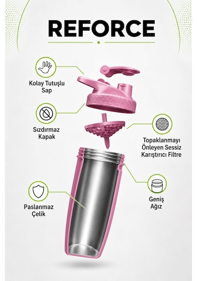 Smartshake Reforce Paslanmaz Çelik Serisi 900 Ml Rose Pembe Protein Shaker