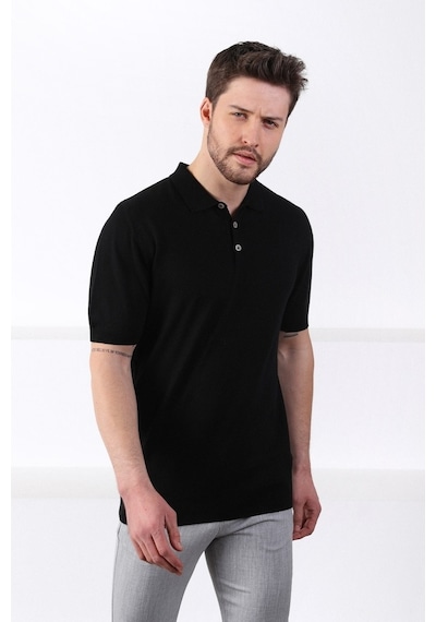 Ferraro Siyah Polo Yaka Düz Renk Erkek Pamuk Triko T-Shirt-Siyah