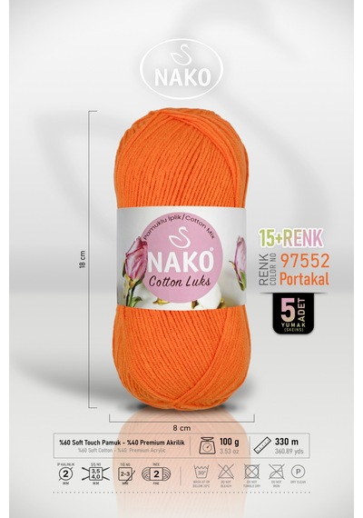 Cotton Lüks - 97552 Portakal - 5'li Paket - 100gr/330m - Pamuklu Hırka Yelek Amigurumi İpi