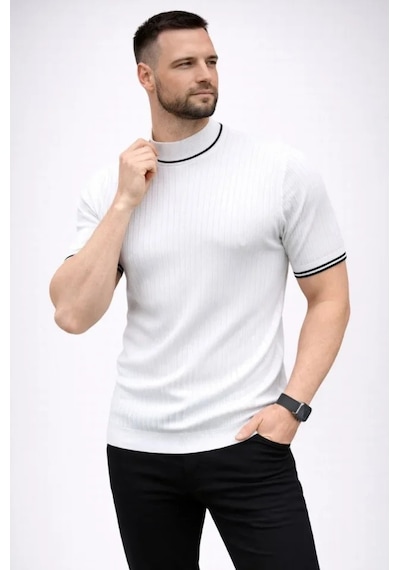 Efnaz Style Erkek Fitilli Triko Dokuma Kısa Kol Tişört Yarım Boğaz Modern Yazlık T-shirt - Beyaz