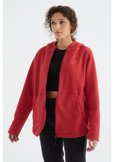 Tommy Life Fiesta Kapüşonlu Fermuarlı Rahat Form Kadın Polar Sweatshirt - 97233 Kırmızı
