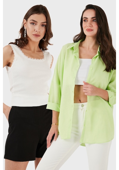 Lela Streç Pamuklu Oversize Fit 2' Li Paket Bayan Gömlek-Atlet Set 67810014979S2 Fıstık Yeşil-Ekru Lela Streç Pamuklu Oversize Fit 2' Li Paket Bayan Gömlek-Atlet Set 67810014979S2 Fıstık Yeşil-Ekru
