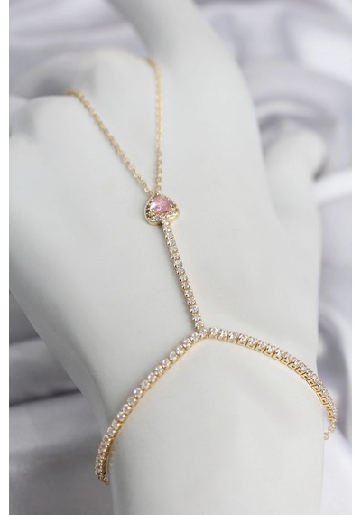 Mey İthalat Gold Renk Pirinç Zirkon Taşlı Pembe Kalp Model Şahmeran Çok Renkli