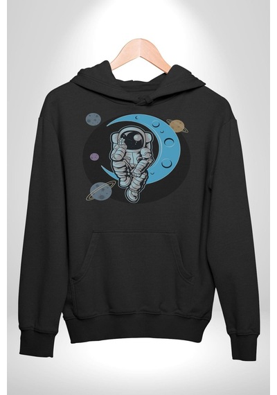 Astronot Uzayda Sıkılmış Kadın Erkek Siyah Kapüşonlu Sweatshirt Hoodie Siyah