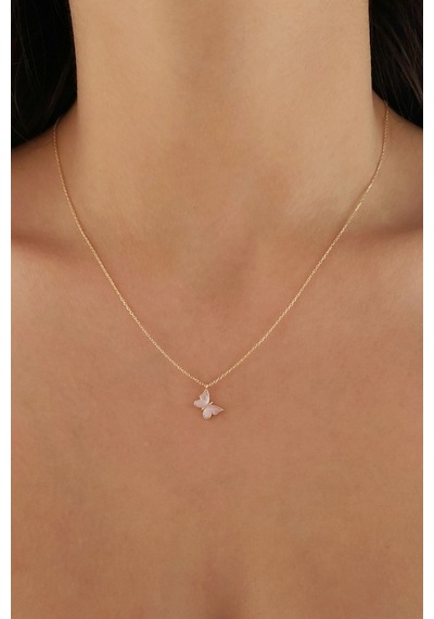 Fiyonk Kuyumculuk 14 Ayar Altın Pembe Mineli Kelebek Kolye 001