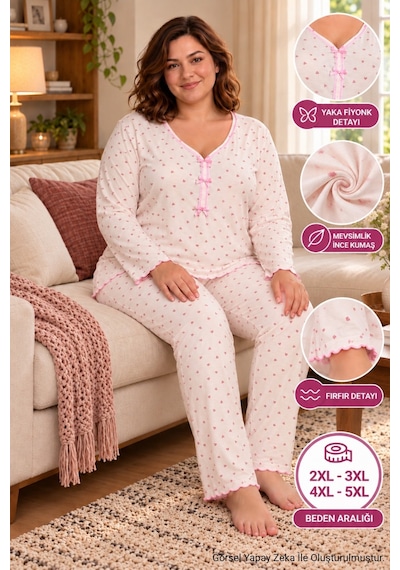 Seboteks Mevsimlik İnce Kumaş Kalp Desenli Uzun Kollu Büyük Beden Kadın Pijama Takımı 3177 Ekru Seboteks Mevsimlik İnce Kumaş Kalp Desenli Uzun Kollu Büyük Beden Kadın Pijama Takımı 3177 Ekru