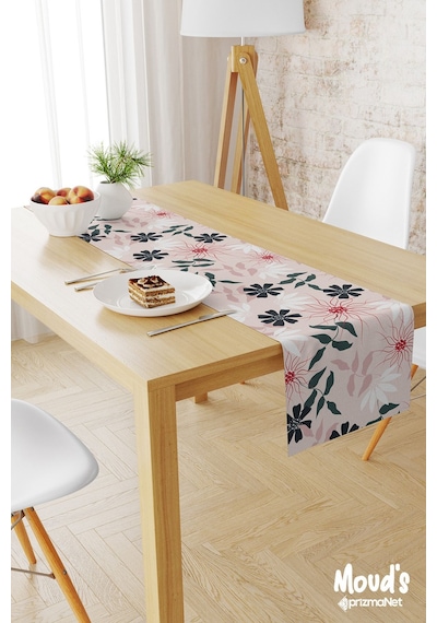 Mirror Flowers 4 Desenli Baskılı Süet Runner Masa Örtüsü