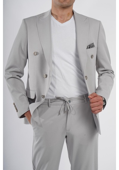 İntersivin Slim Fit Jogger Pantolonlu Erkek Gri Kruvaze Takım Elbise Gri