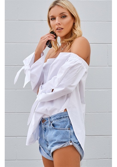 Aqe Fashion Kadın Madonna Yaka Kol Detaylı Beyaz Bluz BEYAZ Beyaz