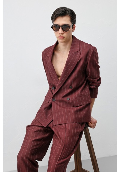 Antioch Keten Karışımlı Çizgili Erkek Blazer Ceket Bordo