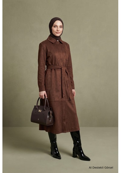 Avenna Gömlek Yaka Tam Boy Düğmeli Belden Kuşaklı Kap 125 Cm Boy Kahverengi 26ka701