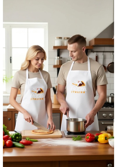 Unisex Mutfak Önlüğü İtalyan Pizza Baskılı Rahat Kesim Boyundan A Beyaz