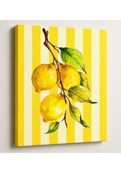 Limon Desenli Kanvas Tablo Sarı Çizgili Mutfak & Kafe Duvar Dekoru