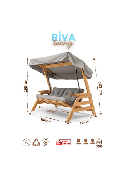 Riva Swing Ahşap Dış Mekan Bahçe Balkon Ve Teras Salıncağı Açık Renk Ağaç Salıncak Gri