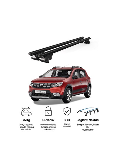 Venüs Dacia Sandero Stepway 2013-ve Sonrası Uyumlu Siyah Ara Atkı Port Bagaj Tavan Barı