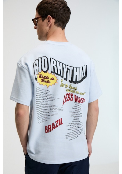 Grimelange YUM Erkek Oversize Baskılı Yuvarlak Yaka Mavi T-Shirt