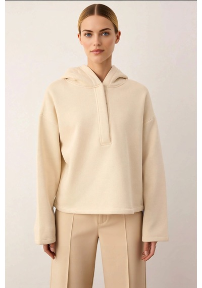 Benerly Kadın Kapüşonlu Düşük Kol Oversize Örme Sweatshirt Fonksiyonel Da Taş