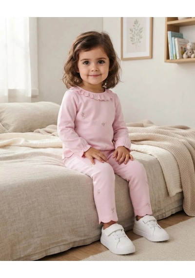 Çiçek Nakış Detaylı Pembe Kız Bebek Takım