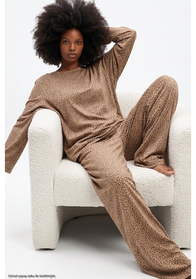 Siyah İnci Leopar Baskılı Örme Pijama Takım 8078 Vizon Leopar