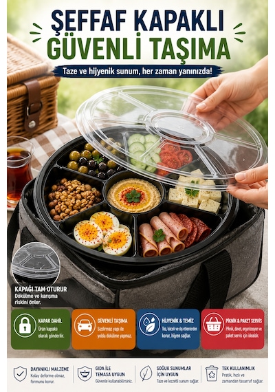7 Bölmeli Kahvaltı Meze Kabı Kapaklı 26 Cm Tek Kullanımlık Salata Sunum Ve Paket Servis Kabı Seti Siyah
