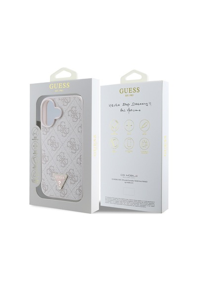 Apple Uyumlu iPhone 16 Kılıf Guess Lisanslı Pu Deri Taşlı Üçgen Logo 4g Desenli Strass Kapak Pembe