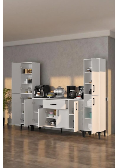 Lusso 8 Kapak Tek Çekmeceli Çok Amaçlı Kahve Köşesi Dolabı Beyaz Beyaz