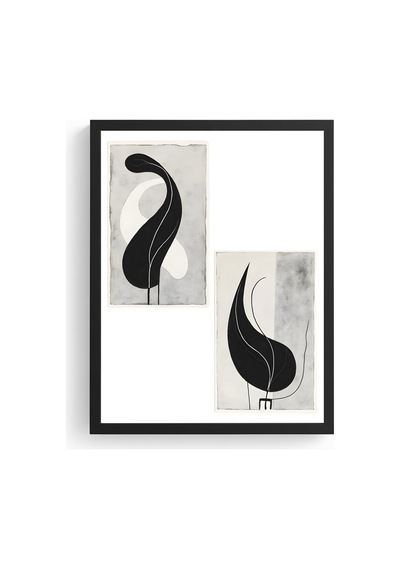 Doğal Ahşap Çerçeveli Minimal Siyah-beyaz Desenli Tablo - Modern Huhu1225