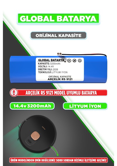 Arçelik Robo Rs 9121 Robot Süpürge Bataryası 14.4v 3200mah Li-ion Pil  Kapasite