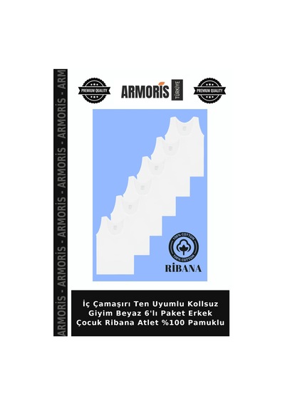 Armoris İç Çamaşırı Ten Uyumlu Kollsuz Giyim Beyaz 6'lı Paket Erkek Çocuk Ribana Atlet %100 Pamuklu