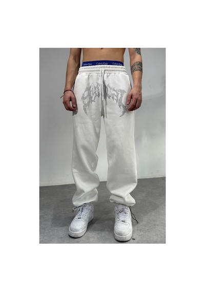 Zaee Taşlı Baggy Eşofman Kışlık Kumaş Beyaz
