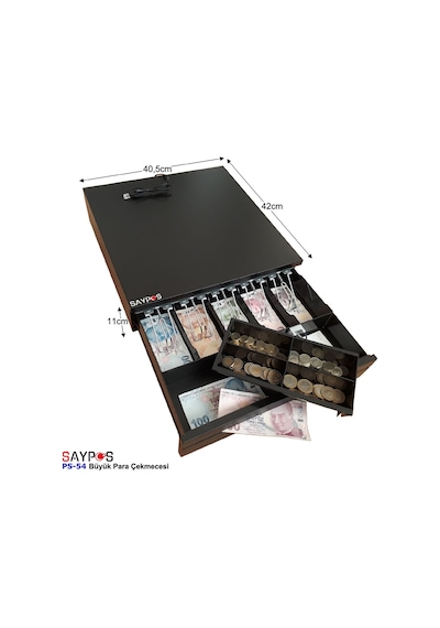 Slip Gözlü 5 Geniş Kağıt Para Bölmeli Anahtarlı Ve Pos Bağlantılı Büyük Para Çekmecesi 40,5x42x11cm