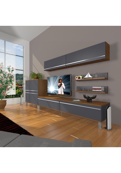 Decoraktiv Eko 6y Mdf Std Krom Ayaklı Tv Ünitesi Tv Sehpası Ceviz - Antrasit