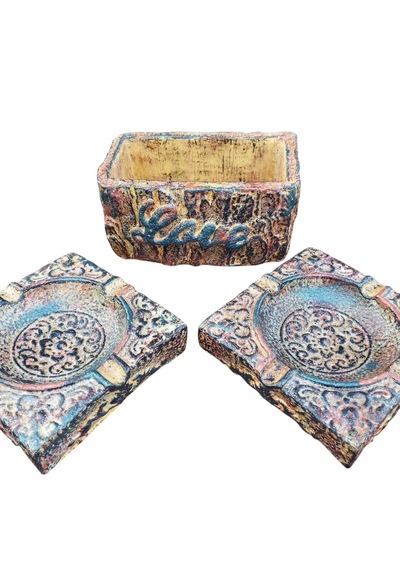 Hediyemiks 3 Lü Dekoratif Kase Seti Küllük & Saksı -vintage Eskitme El Yapımı Tasarım