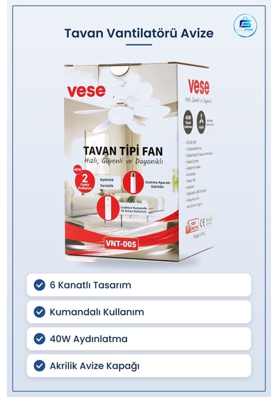 Tavan Vantilatörü 6 Kanatlı Kumandalı 2in1 Avize 40w Aydınlatma S